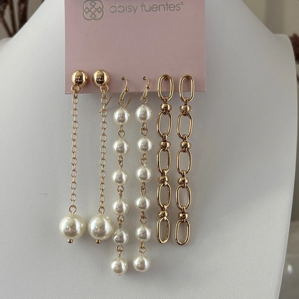 Daisy Fuentes 3 pk. Goldtone chains,pearl like,post & fishhook dangle earrings